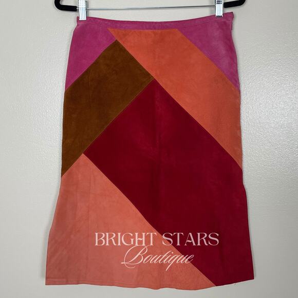 Rare Colorblock Suede Skirt ASO Phoebe Buffay Friends Pink Red Brown Patchwork - Picture 5 of 11